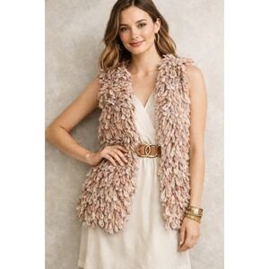 Hand Knit by Dollie Shaggy Fringe Vest Cardigan M L Beige Pink Orange